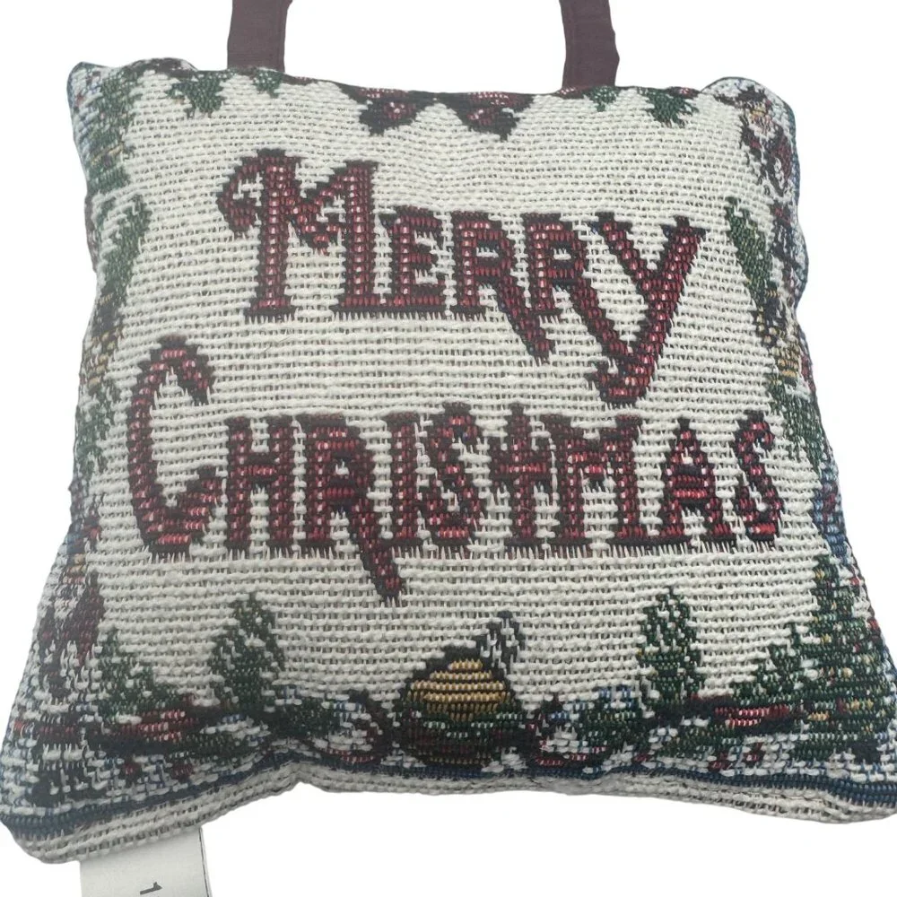 Merry Christmas Hanging Decorative Pillow Festive Tapestry With Handle Burgundy